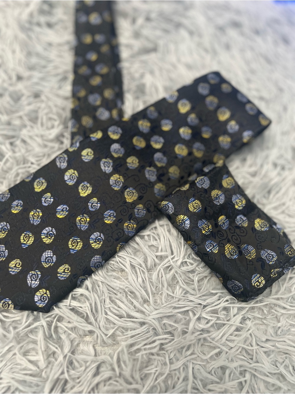 Men's Black Silk Tie with Yellow and Silver Dot Pattern with handkerchief